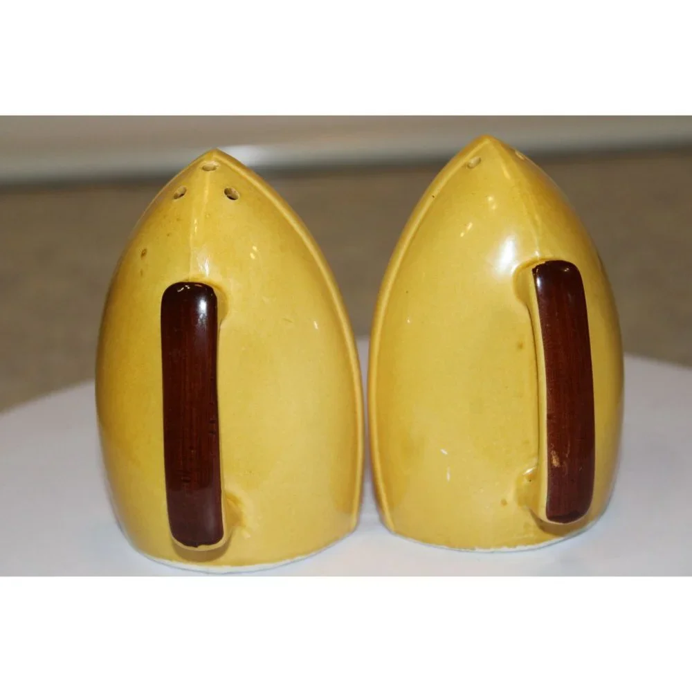 Vintage Iron Shaped Yellow Salt and Pepper Shaker Set My House Inscription